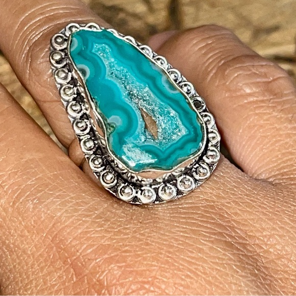 Blue Green Solar Agate Drusy Ring Size 7 1/4 - Picture 4 of 6
